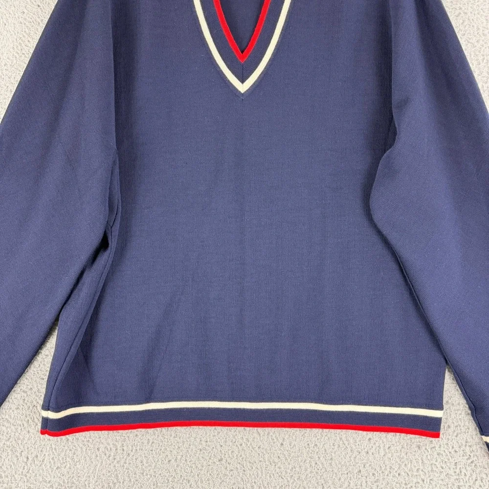 Vintage Mort Wallin Sweater Mens 2XL Navy Wool V Neck Striped Trim Holes Flawed